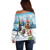 New Zealand and Australia Merry Christmas Off Shoulder Sweater Kiwi Birds Skiing and Koala Santa Riding Kangaroo LT03 - Polynesian Pride