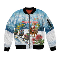 New Zealand and Australia Merry Christmas Sleeve Zip Bomber Jacket Kiwi Birds Skiing and Koala Santa Riding Kangaroo LT03 Unisex Multicolor - Polynesian Pride