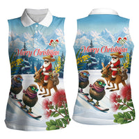 New Zealand and Australia Merry Christmas Women Sleeveless Polo Shirt Kiwi Birds Skiing and Koala Santa Riding Kangaroo LT03 - Polynesian Pride