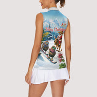 New Zealand and Australia Merry Christmas Women Sleeveless Polo Shirt Kiwi Birds Skiing and Koala Santa Riding Kangaroo LT03 - Polynesian Pride