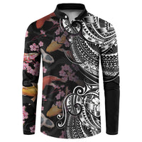 Hawaiian and Japanese Together Button Sweatshirt Polynesian Triball Tattoo Koi Carps and Sakura