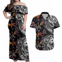 Hawaiian and Japanese Together Couples Matching Off Shoulder Maxi Dress and Hawaiian Shirt Polynesian Triball Tattoo Koi Carps and Sakura LT03 Black - Polynesian Pride