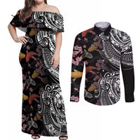 Hawaiian and Japanese Together Couples Matching Off Shoulder Maxi Dress and Long Sleeve Button Shirt Polynesian Triball Tattoo Koi Carps and Sakura