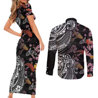 Hawaiian and Japanese Together Couples Matching Short Sleeve Bodycon Dress and Long Sleeve Button Shirt Polynesian Triball Tattoo Koi Carps and Sakura
