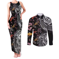 Hawaiian and Japanese Together Couples Matching Tank Maxi Dress and Long Sleeve Button Shirt Polynesian Triball Tattoo Koi Carps and Sakura