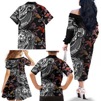 Hawaiian and Japanese Together Family Matching Off The Shoulder Long Sleeve Dress and Hawaiian Shirt Polynesian Triball Tattoo Koi Carps and Sakura