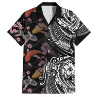 Hawaiian and Japanese Together Family Matching Off The Shoulder Long Sleeve Dress and Hawaiian Shirt Polynesian Triball Tattoo Koi Carps and Sakura
