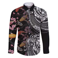 Hawaiian and Japanese Together Family Matching Off Shoulder Maxi Dress and Hawaiian Shirt Polynesian Triball Tattoo Koi Carps and Sakura LT03 Dad's Shirt - Long Sleeve Black - Polynesian Pride