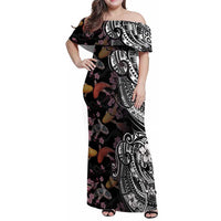 Hawaiian and Japanese Together Family Matching Off Shoulder Maxi Dress and Hawaiian Shirt Polynesian Triball Tattoo Koi Carps and Sakura LT03 Mom's Dress Black - Polynesian Pride