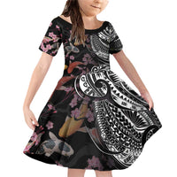 Hawaiian and Japanese Together Family Matching Off Shoulder Short Dress and Hawaiian Shirt Polynesian Triball Tattoo Koi Carps and Sakura