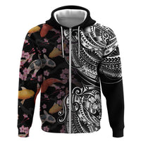 Hawaiian and Japanese Together Hoodie Polynesian Triball Tattoo Koi Carps and Sakura LT03 Zip Hoodie Black - Polynesian Pride