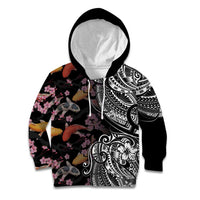 Hawaiian and Japanese Together Kid Hoodie Polynesian Triball Tattoo Koi Carps and Sakura LT03 Hoodie Black - Polynesian Pride