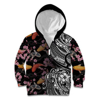 Hawaiian and Japanese Together Kid Hoodie Polynesian Triball Tattoo Koi Carps and Sakura LT03 Zip Hoodie Black - Polynesian Pride
