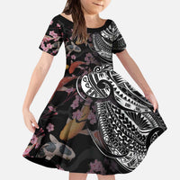 Hawaiian and Japanese Together Kid Short Sleeve Dress Polynesian Triball Tattoo Koi Carps and Sakura LT03 KID Black - Polynesian Pride
