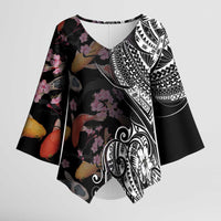 Hawaiian and Japanese Together Kimono Sleeve Blouse Polynesian Triball Tattoo Koi Carps and Sakura LT03 Female Black - Polynesian Pride
