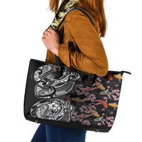 Hawaiian and Japanese Together Leather Tote Bag Polynesian Triball Tattoo Koi Carps and Sakura LT03 Black - Polynesian Pride