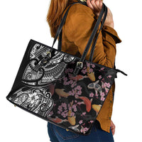 Hawaiian and Japanese Together Leather Tote Bag Polynesian Triball Tattoo Koi Carps and Sakura LT03 - Polynesian Pride
