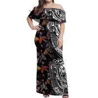 Hawaiian and Japanese Together Off Shoulder Maxi Dress Polynesian Triball Tattoo Koi Carps and Sakura LT03 Women Black - Polynesian Pride