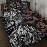 Hawaiian and Japanese Together Quilt Bed Set Polynesian Triball Tattoo Koi Carps and Sakura LT03 Black - Polynesian Pride