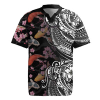 Hawaiian and Japanese Together Rugby Jersey Polynesian Triball Tattoo Koi Carps and Sakura LT03 Black - Polynesian Pride