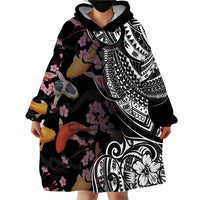 Hawaiian and Japanese Together Wearable Blanket Hoodie Polynesian Triball Tattoo Koi Carps and Sakura LT03 - Polynesian Pride