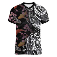 Hawaiian and Japanese Together Women V-Neck T-Shirt Polynesian Triball Tattoo Koi Carps and Sakura LT03 Female Black - Polynesian Pride