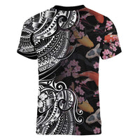 Hawaiian and Japanese Together Women V-Neck T-Shirt Polynesian Triball Tattoo Koi Carps and Sakura LT03 - Polynesian Pride