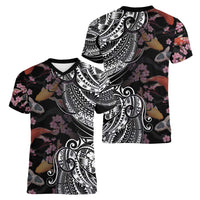 Hawaiian and Japanese Together Women V-Neck T-Shirt Polynesian Triball Tattoo Koi Carps and Sakura LT03 - Polynesian Pride
