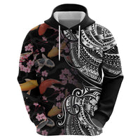 Hawaiian and Japanese Together Zip Hoodie Polynesian Triball Tattoo Koi Carps and Sakura LT03 - Polynesian Pride