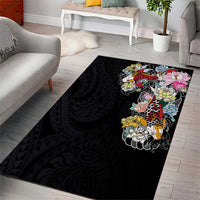 Hawaiian and Japanese Together Area Rug Colorful Traditional Japanese Tattoo and Kakau Pattern Black Color LT03 - Polynesian Pride