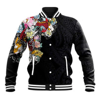 Hawaiian and Japanese Together Baseball Jacket Colorful Traditional Japanese Tattoo and Kakau Pattern Black Color LT03 Unisex Black - Polynesian Pride