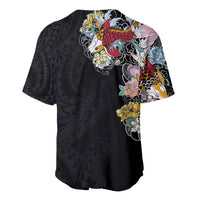 Hawaiian and Japanese Together Baseball Jersey Colorful Traditional Japanese Tattoo and Kakau Pattern Black Color LT03 - Polynesian Pride