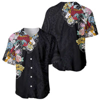 Hawaiian and Japanese Together Baseball Jersey Colorful Traditional Japanese Tattoo and Kakau Pattern Black Color LT03 - Polynesian Pride