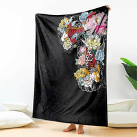 Hawaiian and Japanese Together Blanket Colorful Traditional Japanese Tattoo and Kakau Pattern Black Color LT03 - Polynesian Pride