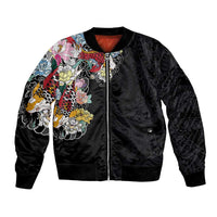 Hawaiian and Japanese Together Bomber Jacket Colorful Traditional Japanese Tattoo and Kakau Pattern Black Color LT03 Unisex Black - Polynesian Pride