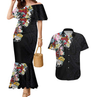 Hawaiian and Japanese Together Couples Matching Mermaid Dress and Hawaiian Shirt Colorful Traditional Japanese Tattoo and Kakau Pattern Black Color LT03 Black - Polynesian Pride