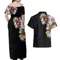 Hawaiian and Japanese Together Couples Matching Off Shoulder Maxi Dress and Hawaiian Shirt Colorful Traditional Japanese Tattoo and Kakau Pattern Black Color LT03 - Polynesian Pride