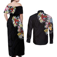 Hawaiian and Japanese Together Couples Matching Off Shoulder Maxi Dress and Long Sleeve Button Shirt Colorful Traditional Japanese Tattoo and Kakau Pattern Black Color