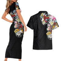 Hawaiian and Japanese Together Couples Matching Short Sleeve Bodycon Dress and Hawaiian Shirt Colorful Traditional Japanese Tattoo and Kakau Pattern Black Color LT03 - Polynesian Pride