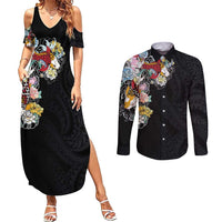 Hawaiian and Japanese Together Couples Matching Summer Maxi Dress and Long Sleeve Button Shirt Colorful Traditional Japanese Tattoo and Kakau Pattern Black Color