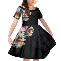 Hawaiian and Japanese Together Family Matching Mermaid Dress and Hawaiian Shirt Colorful Traditional Japanese Tattoo and Kakau Pattern Black Color LT03 Daughter's Dress Black - Polynesian Pride