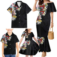 Hawaiian and Japanese Together Family Matching Mermaid Dress and Hawaiian Shirt Colorful Traditional Japanese Tattoo and Kakau Pattern Black Color LT03 - Polynesian Pride