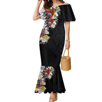 Hawaiian and Japanese Together Family Matching Mermaid Dress and Hawaiian Shirt Colorful Traditional Japanese Tattoo and Kakau Pattern Black Color LT03 Mom's Dress Black - Polynesian Pride