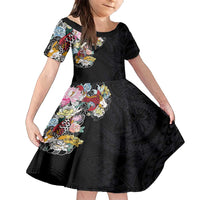 Hawaiian and Japanese Together Family Matching Off Shoulder Maxi Dress and Hawaiian Shirt Colorful Traditional Japanese Tattoo and Kakau Pattern Black Color LT03 Daughter's Dress Black - Polynesian Pride