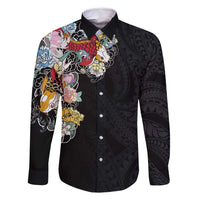 Hawaiian and Japanese Together Family Matching Off Shoulder Maxi Dress and Hawaiian Shirt Colorful Traditional Japanese Tattoo and Kakau Pattern Black Color LT03 Dad's Shirt - Long Sleeve Black - Polynesian Pride