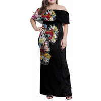 Hawaiian and Japanese Together Family Matching Off Shoulder Maxi Dress and Hawaiian Shirt Colorful Traditional Japanese Tattoo and Kakau Pattern Black Color LT03 Mom's Dress Black - Polynesian Pride