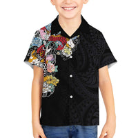 Hawaiian and Japanese Together Family Matching Puletasi and Hawaiian Shirt Colorful Traditional Japanese Tattoo and Kakau Pattern Black Color LT03 Son's Shirt Black - Polynesian Pride