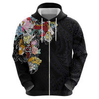 Hawaiian and Japanese Together Hoodie Colorful Traditional Japanese Tattoo and Kakau Pattern Black Color LT03 - Polynesian Pride