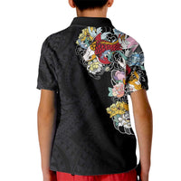 Hawaiian and Japanese Together Kid Polo Shirt Colorful Traditional Japanese Tattoo and Kakau Pattern Black Color LT03 - Polynesian Pride