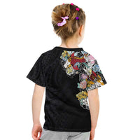 Hawaiian and Japanese Together Kid T Shirt Colorful Traditional Japanese Tattoo and Kakau Pattern Black Color LT03 - Polynesian Pride